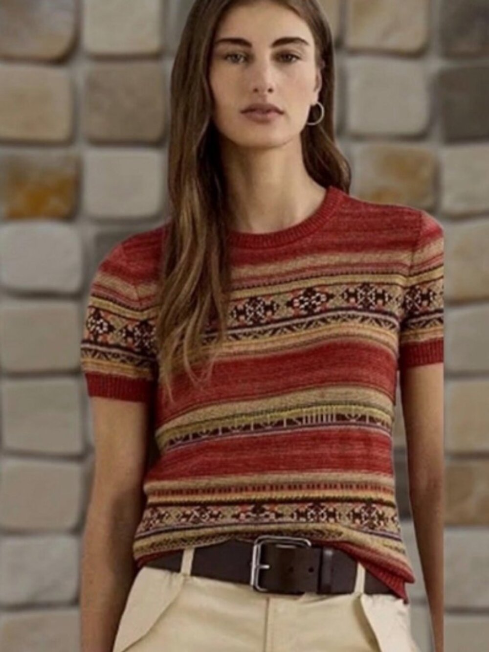 Ralph Lauren Geo Striped Short Sleeve Sweater Petite Medium NWT
